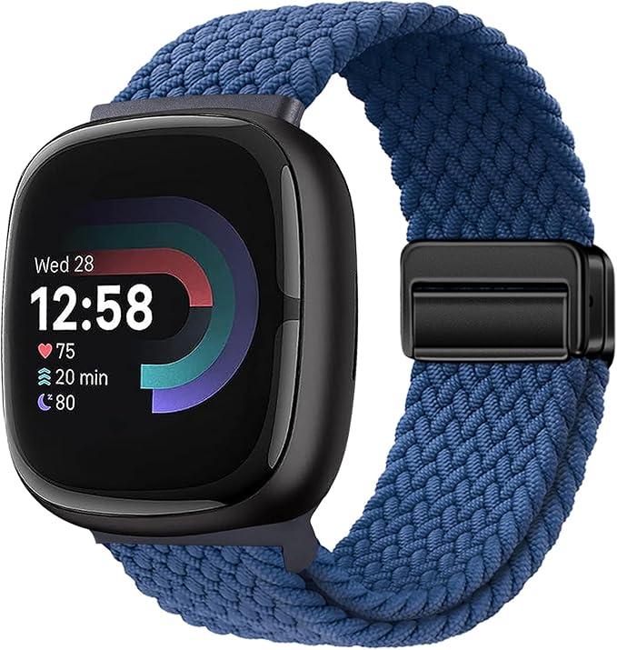 Wearlizer Elastic Band Compatible with Fitbit Versa 4 Bands for Woman/Versa 3/Sense 2/Sense Bands Women, Slim Solo Loop Braided Strap Stretchy Woven Wristband Accessory, Navy Blue, L