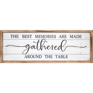 42x15 Inch Wooden Wall Art with Title The Best Memories Are Made Gathered Around The Table, Rustic Farmhouse Dining Room Wall Decor, Large Framed Kitchen Wall Art for Home Decor, Wooden Sign for Above Dining Table(White)