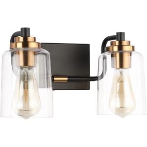 SOLFART Vintage Bathroom Vanity Light Black Bathroom Light fixtures Over Mirror Metal with Clear Glass Brass Fixtures Wall Mount Wall Lighting Sconce (2 Lights)