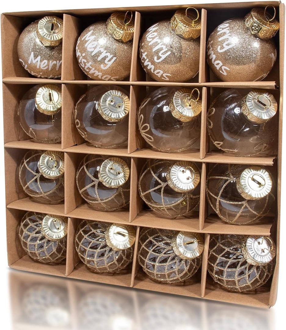 16 Pcs Clear Rustic Farmhouse Merry Christmas Ornaments, 60mm/2.36 Inch Gold Champagne Shatterproof Hand-Painted Xmas Decorations for Christmas Tree, Home Decor