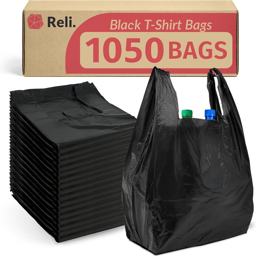 Reli. T-shirt Plastic Bags | 1,050 Pack | Black Plastic Bags with Handles (Plain) | Ideal for Grocery, Shopping, Food Take Out/To Go, Small Business, 11.5" X 6.5" X 21"