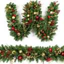 Christmas Garland 9ft with 50 Led, Gold & Red Ball Berries Battery Control, Christmas Decor with Light Timer for Mantle Staircase Indoor and Outdoor
