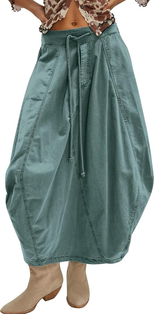 Sujama Poplin Midi Skirt for Women Cotton Baggy Drawstring Parachute Skirt Casual Cargo Maxi Long Skirts with Pockets 2025 Blue Green L