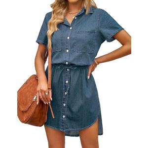 luvamia Women Casual Denim Dress Short Sleeve Tie Waist Classic Jean Shirt Dress (Small, Vintage Blue)