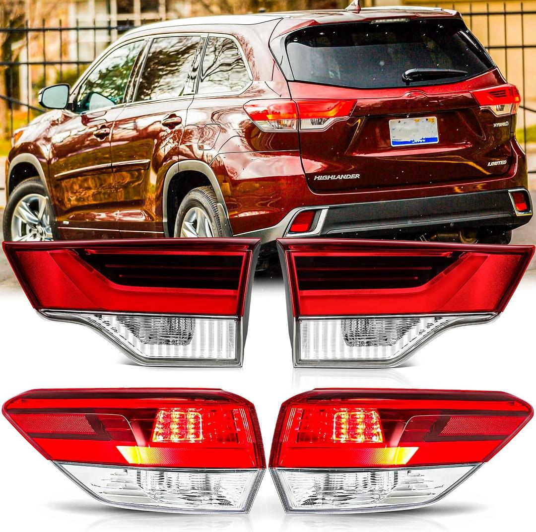 Outer and Inner Tail Lights Assembly Pair for 2017 2018 2019 Toyota Highlander OE Factory Style Red Taillights Rear Back Brake Lamps Driver and Passenger Side,Chrome Housing Clear Lens