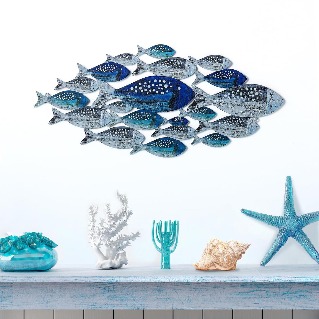Metal Fish Wall Decor Handcrafted Fish Art Summer Metal Wall Sculpture Marine Decor for Coastal Nautical Beach or Boat Decor Collector Vacation House Blues Silver Wall Art Bedroom Bathroom Living Room