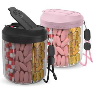 Pill Dispenser with 7 Large Compartments, Pill Bottle Organizer for Travel, Supplement Organizer with Anti-Mixing Design, BPA-Free Pill Container with 20 Pcs Labels, Pink + Black
