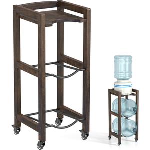3-Tier 5 Gallon Water Jug Holder with Top Shelf 4 Metal Wheels or Adjustable Feet Natural Hardwood Water Dispenser Floor Stand Wooden Organizer for Kitchen, Office, Garage Space-Saving Design