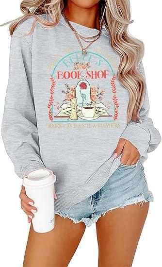 FLOYU Belle's Book Shop Sweatshirt Princess Belle Pullover Book Lover Tops Casual Magic Kingdom Long Sleeve Shirt Medium, Light Grey 