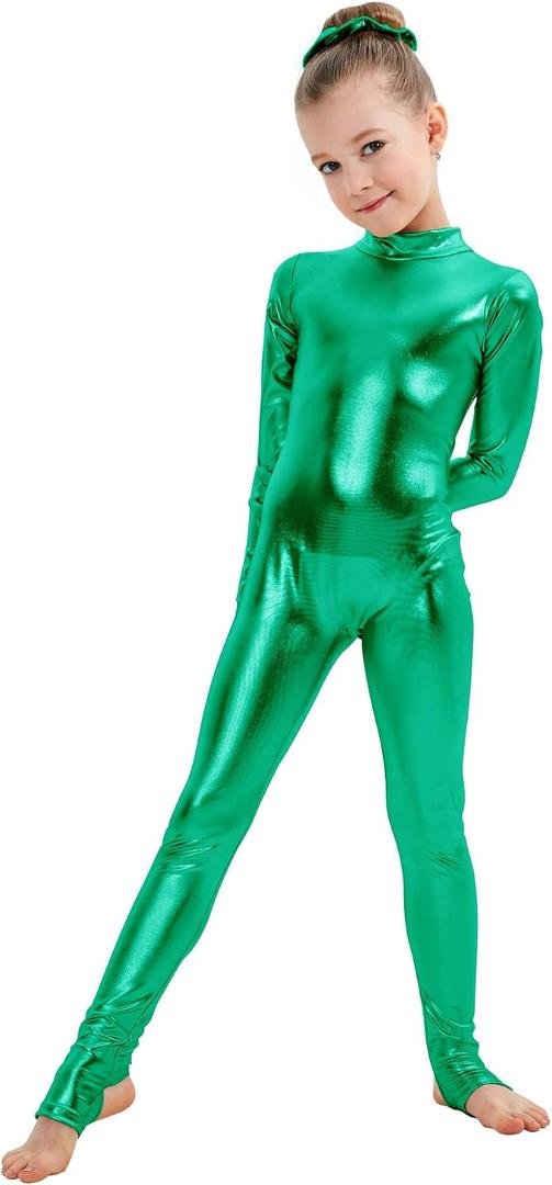 Kepblom Girls Shiny Metallic Mock Neck Unitard Long Sleeve Zipper Back One Piece Bodysuit Costume, Medium