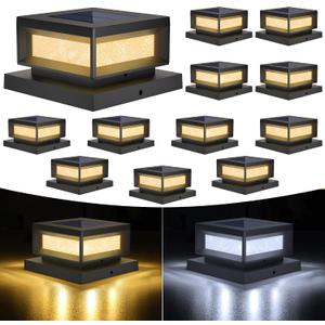Mlambert 12 Pack Solar Powered Post Cap Lights Outdoor for 4x4/6x6 Wood/Vinyl Posts, Waterproof Deck Fence Patio Porch Light Cool/Warm Lighting, Black