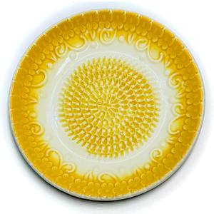 All-in-one Premium Ceramic Garlic Grater Plate 4-Piece Set - Yellow Embossed Design and Style - For Garlic, Ginger, Chocolate, and more! - Comes with 5.25" Plate, Peeler, Brush, and Stand