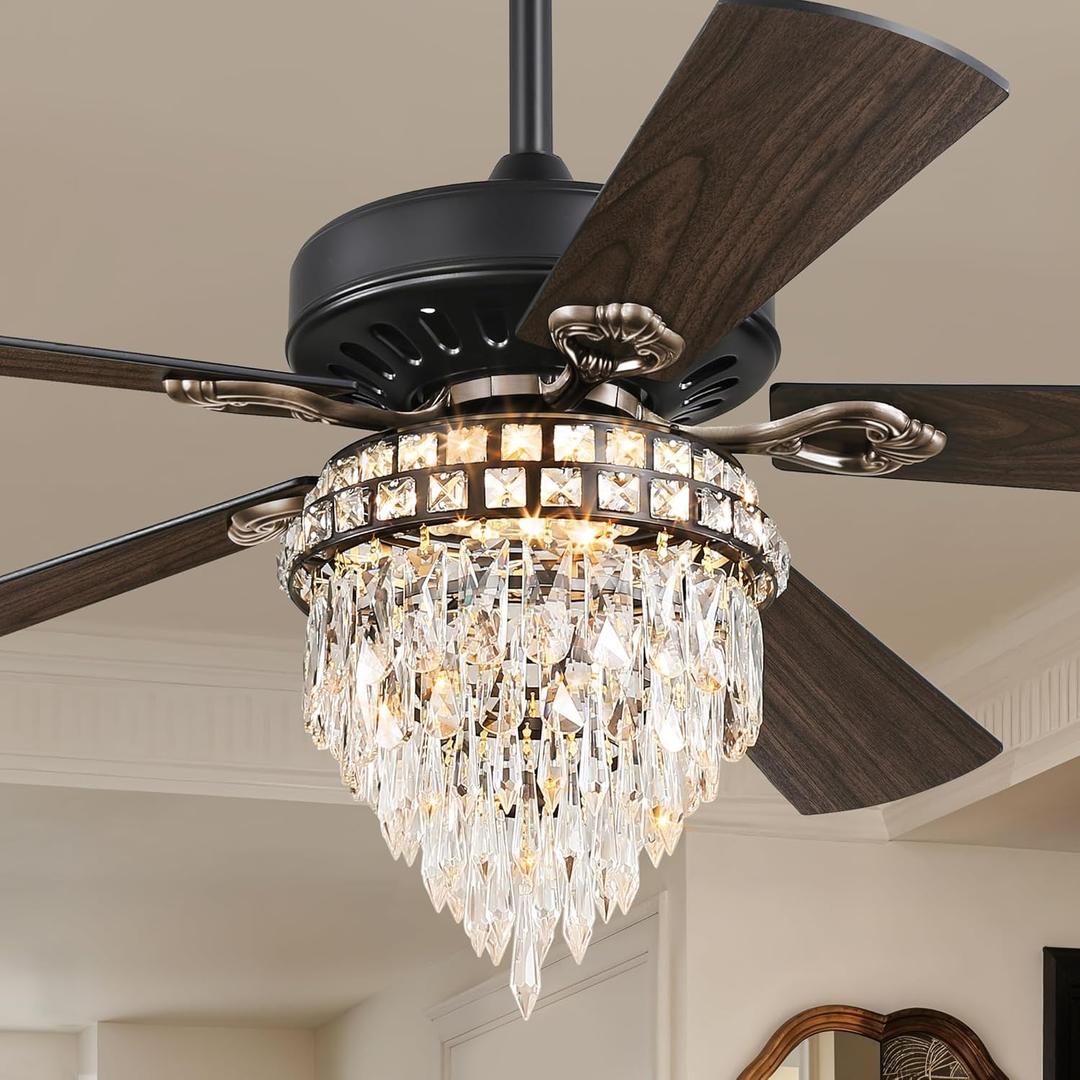 52 Inch Farmhouse Fandelier with Light, 6 Speeds, Quiet DC Motor, 3CCT, Indoor Living Room Bedroom Ceiling Fan (Black)