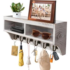 Key Holder Wall Mount - Mail Organizer Wall Mount with 6 Key Hooks and Storage Box for Sunglasses Storage and Dog Leash Holder Home Decor Rack Apartment Farmhouse Shelf Entryway Organizer (White)