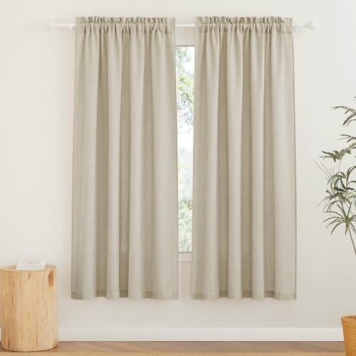 RYB HOME Semi Sheer Curtains - Linen Textured Sheer Privacy Curtains Light Filtering Semitransparent Rod Pocket Drapes for Bedroom Living Room Dining Window Decor, Beige, 52 x 72 inches, 2 Pcs