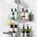 Adjustable Shower Caddy Hanging for Handheld Showerheads - Never Rust Shower Hanging Organizer, Upgraded Bathroom Shower Rack with Soap Basket, Hooks and Toothbrush Holder (Silver)