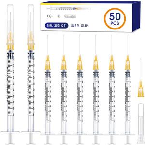 50 Pack 1ml Syringes with Needle-25Ga 1 Inch, Individually Sealed Packaging