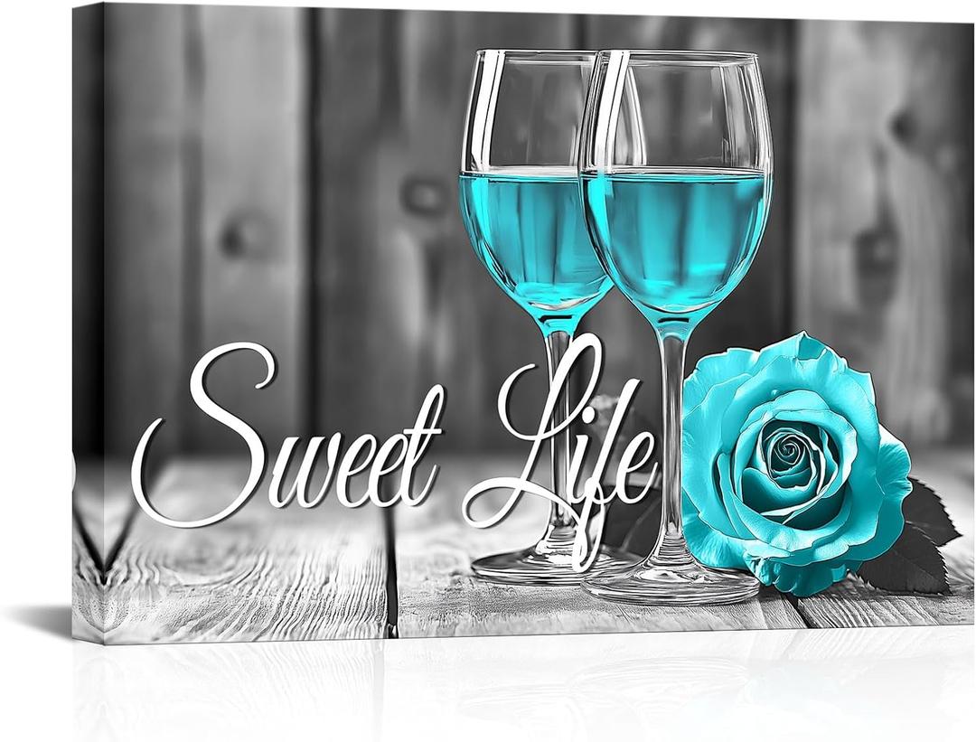 Artsbay Kitchen Wall Art Blue and Black Wall Decor Wine and Rose Canvas Picture Painting Vintage Artwork Sweet Life for Bar Dining Room 16 x 24inches