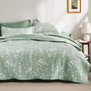 Bedsure Floral Quilt Set Queen - Reversible Mint Green Botanical Quilt Bedding Set, 3 Pieces Lightweight Bedspread, Soft Microfiber Coverlet with 2 Pillow Shams for All Seasons (90"x96")