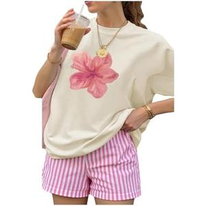 SOLY HUX Women's 2 Piece Outfits Floral Short Sleeve T Shirt and Striped Shorts Vacation Summer Set Small