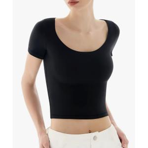 PUMIEY Women's Scoop Neck Short Sleeve T Shirt Slim Fit Sexy Tops Smoke Cloud Collection Small, Black