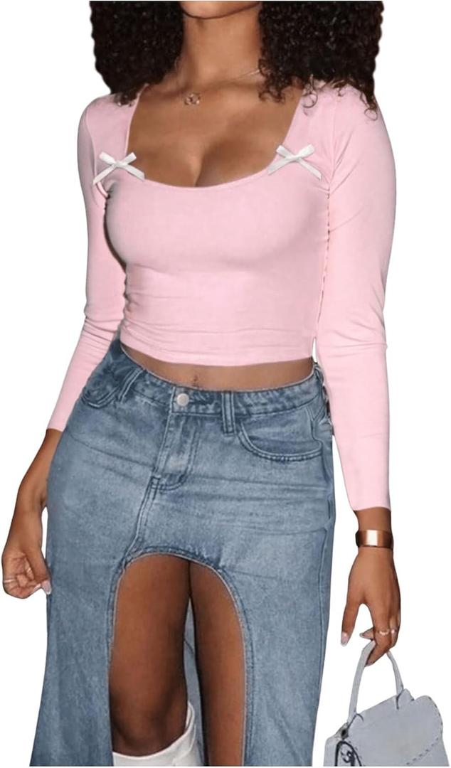 WDIRARA Women's Square Neck Bow T Shirt Long Sleeve Tee Going Out Top T-Shirts (Large, Pink)