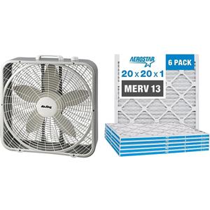 Air King 9723 20-Inch 3-Speed Box Fan, White & Aerostar 20x20x1 MERV 13 Pleated Air Filter, AC Furnace Air Filter, 6 Pack (Actual Size: 19 3/4" x 19 3/4" x 3/4")