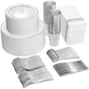 I00000 700 Piece Silver Dinnerware Set for 100 Guests-100 Dinner Plates, 100 Dessert Plates, 100 Disposable Cups 10 oz, 100 Paper Napkins, 100 Plastic Silverware Set Perfect for Party & Wedding