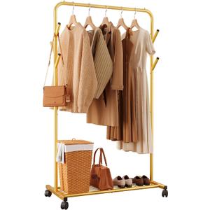 Sakugi Clothes Rack - Metal Coat Rack with Bottom Shelf, Portable Wardrobe Rack with 6 Side Rods, Rolling Clothing Rack for Hanging Clothes for Bedroom or Laundry Room (Gold, 28.7 x 17 x 59.4)