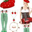 Parma77 6 Pcs Strawberry Costume Accessories Set for Women, Strawberry Beret Hat,Strawberrys Jewelry Set, Cotton Thigh High Over Knee Socks with Bowknot for Halloween Cosplay