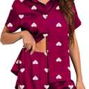 Ekouaer Silk Pajamas for Women Short Sleeve Satin Pajama Set 2 Piece Button Down Loungewear (Large, Red Heart Print)