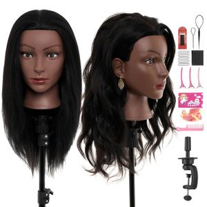 20-22" Mannequin Head,100% Real Human Hair Mannequin Head, Braiding Cosmetology Manikin Doll Head for Hair Styling Training with Table Clamp,Braiding Set(Light brown) Hair Extensions (Dark Black)