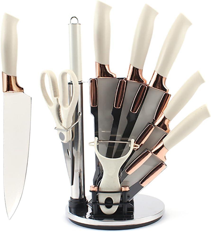 Knife Set, 9Pieces Stainless Steel Non Stick Kitchen Knife Block Set, Sharp Cutlery Knives Set with Sharpener Knives Set with Rotatable Storage Stand Scissors (White)