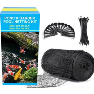 Pond Netting, 28 x 30FT Pond Net for Koi Ponds, Garden Pool Fine Mesh Pond Netting Cover for Leaves, Protects Koi Fish from Birds, Cats, Predators, with 14 Stakes and 30 Cable Zip Ties