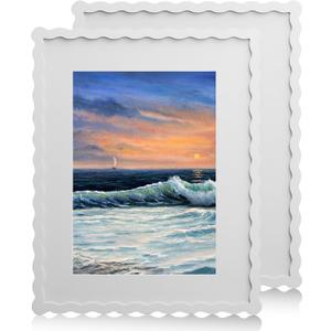 11x14 Wavy Picture Frame With Mat For 8x10, Wavy Edge Wooden Picture Frame with Real Glass - Wall Mount Display, White, 2 Pack