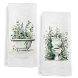 GWFSJYU Sage Green Eucalyptus Hand Towels for Bathroom Set of 2, Eucalyptus Botanical Tea Kitchen Towels, Sage Green Toilet Bathtub Decorative Hand Towels, Eucalyptus Bathroom Decor, 16x24 in