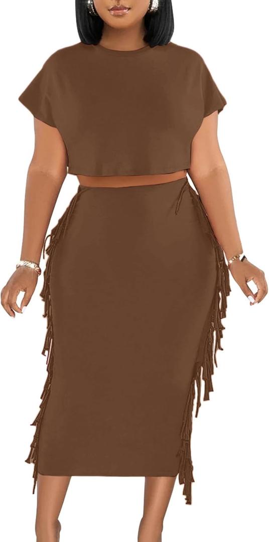 LYANER Women's 2 Piece Outfits Crew Neck Fringe Short Sleeve Crop Top and Tassel Trim Bodycon Midi Skirt Set, Medium, Brown