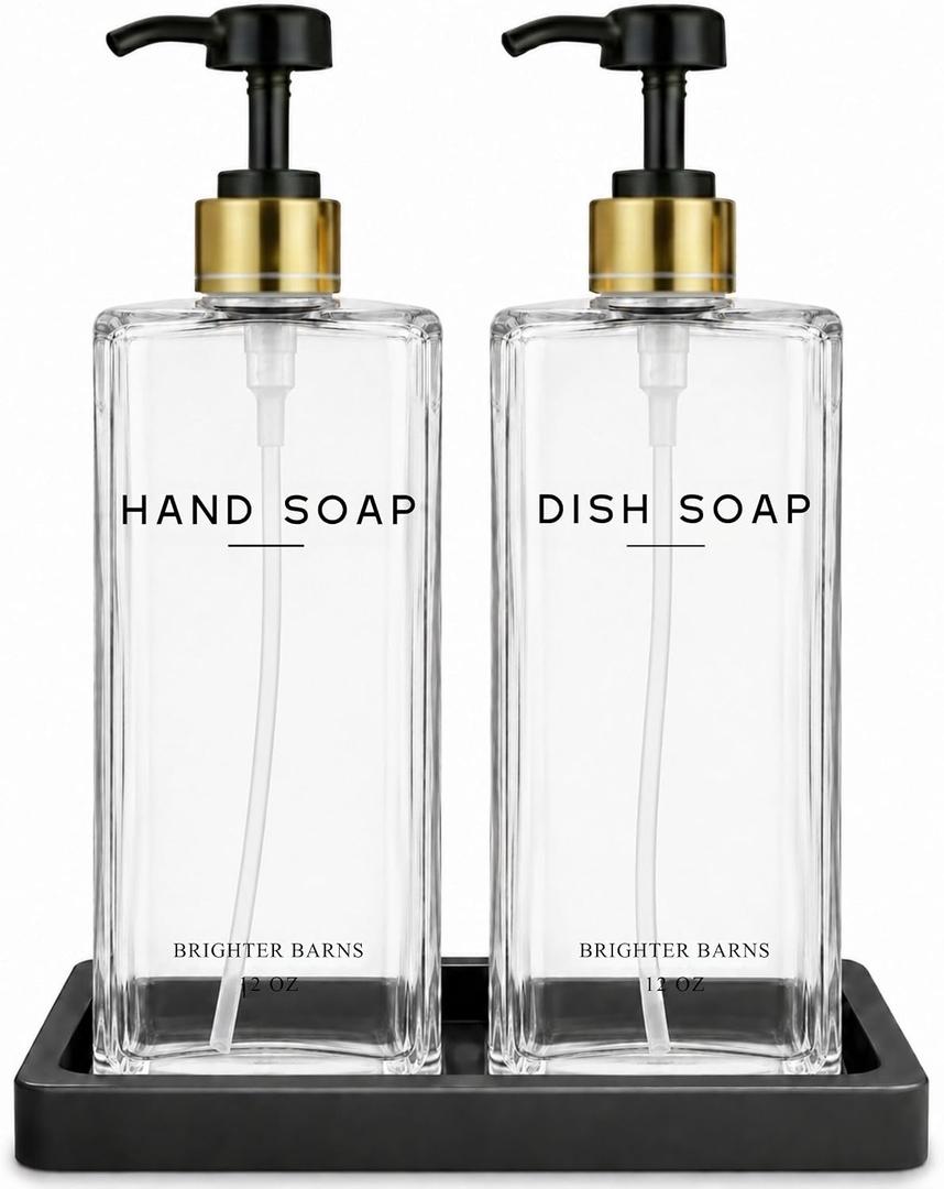 Glass Hand and Dish Soap Dispenser Set by Brighter Barns - Kitchen Soap Dispenser Set with Tray & Pump - Refillable Glass Bottles for Sink - Neutral Kitchen Accessories for Airbnb, Restaurants (Clear)