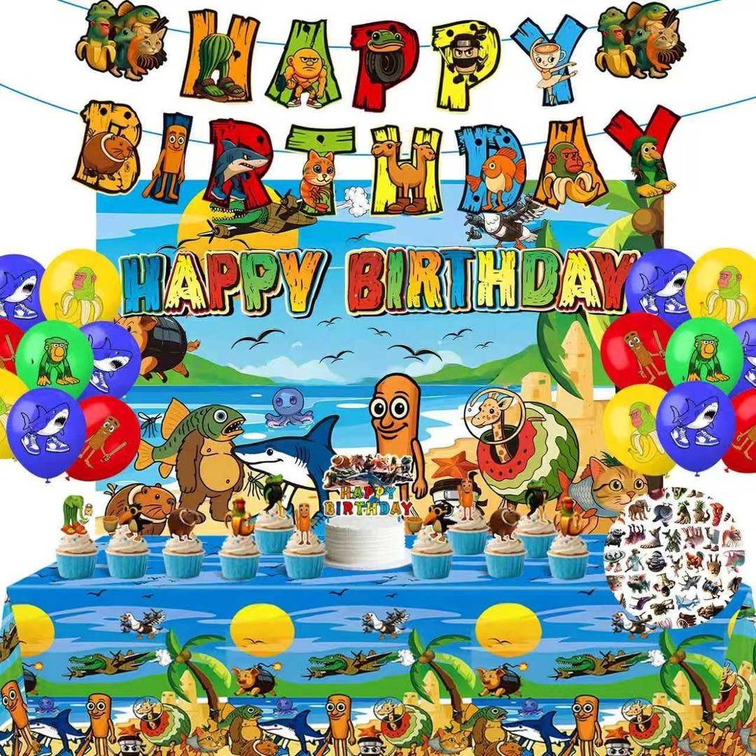 146 Pcs Birthday Party Decorations Set - 24 Cake Toppers, 18 Balloons, 1 Happy Birthday Banner, 1 Happy Birthday Back Ground Cloth, 100 Stickers, 1 Large Cake Toppers, 1 Table Cloth, (C-Colorful)