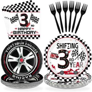 96Pcs Shifting into 3rd Year Birthday Decorations Disposable Race Car Themed 3rd Party Plates and Napkins Checkered Flag Tableware Set for Boys Racing Car 3 Years Old Birthday Party Supplies Serves 24