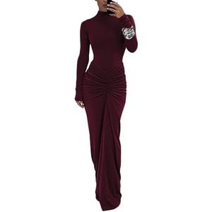 Womens Sexy Maxi Dress Long Sleeve Ruched Bodycon Turtleneck Club Party Casual Wedding Dresses (Small, Red)