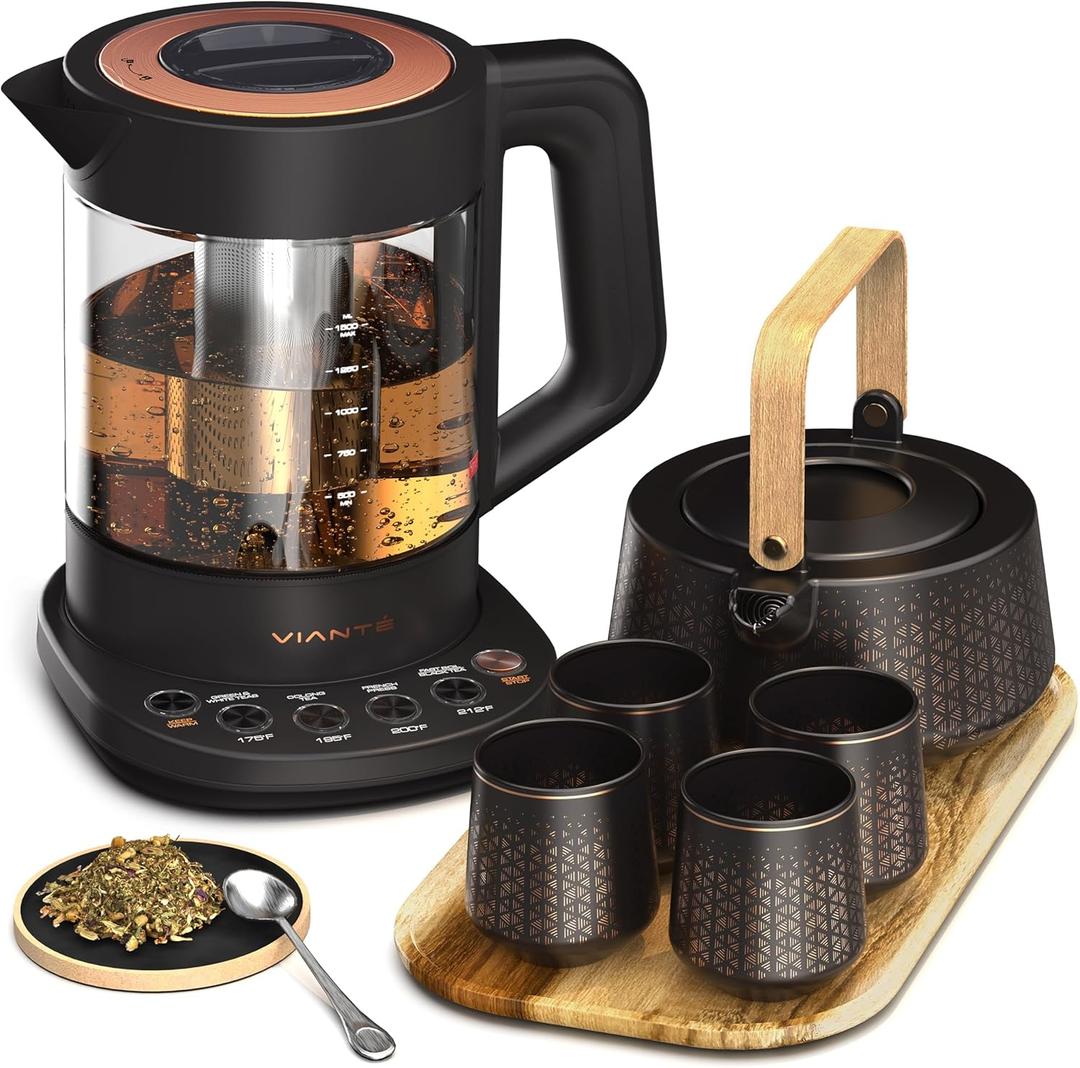 Viant Luxury Tea Set. Electric Kettle with Tea Infuser for Loose Leaf Tea And Ceramic Serving Set. Tea Pot And Cups Set With Wooden Tray. Excellent Gift Idea For Tea Lovers.