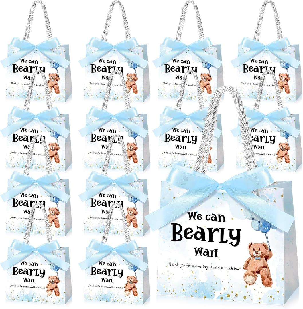 Spakon 25 Pack Bear Baby Shower Favor Gift Bags Decorations We Can Bearly Wait Baby Shower Goodie Bags with Handles and Ribbons Gender Reveal Party Favor for Guests Return Gifts(Blue)