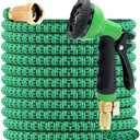 J&B XpandaHose 100ft Expandable Garden Hose with Holder - Heavy Duty Superior Strength 3750D - 4 -Layer Latex Core - Extra Strong Brass Connectors and 10 Spray Nozzle w/Storage Bag (Green 100)