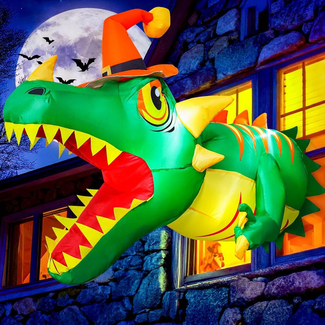 4 FT Long Halloween Window Inflatables Dinosaur Broke Out from Window Outdoor Indoor Blow Up Decorations with Build-in LED for Home Lawn Garden Holiday Party