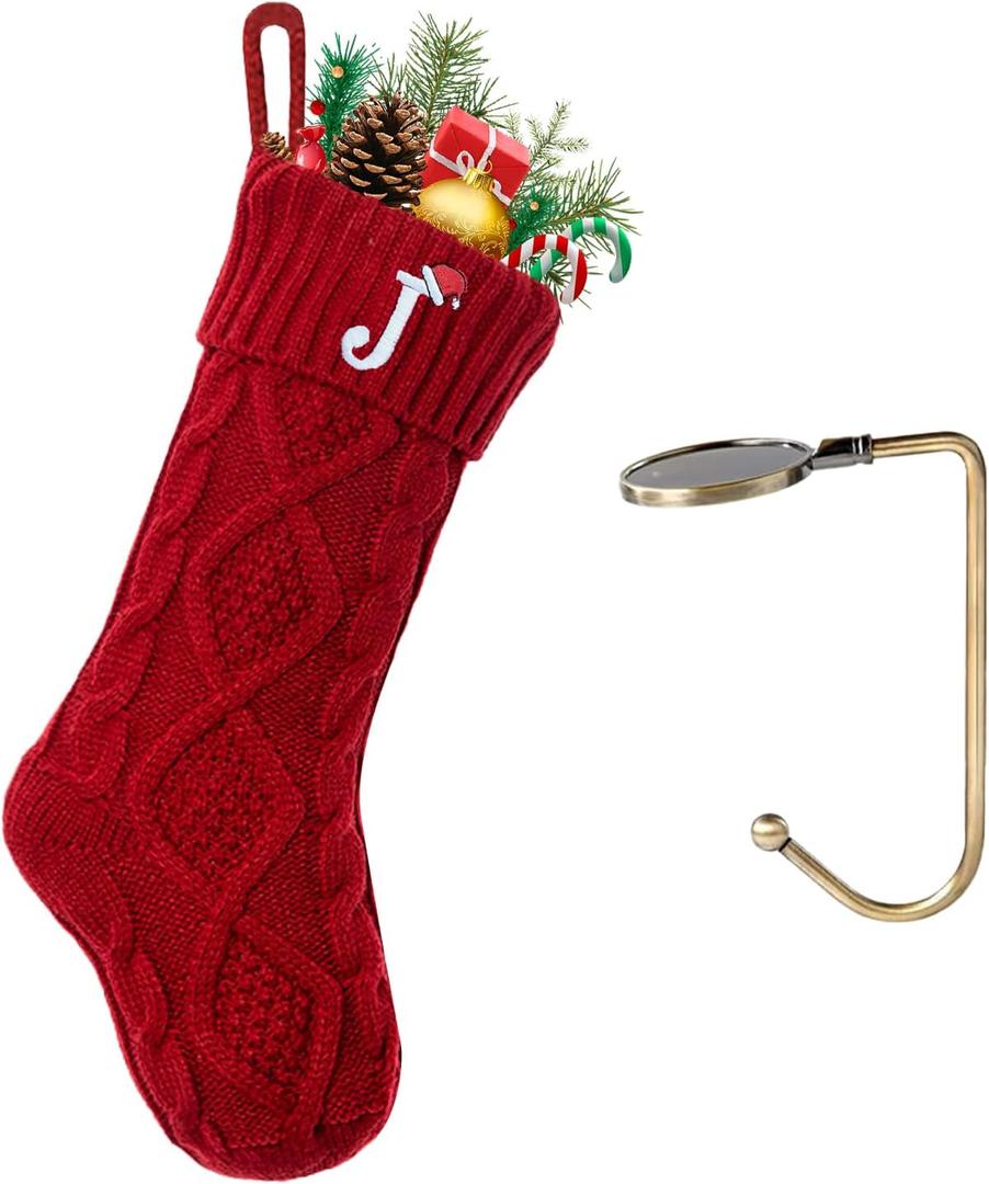 Christmas Stockings with Initials, Letter J Embroidered Xmas Stockings, 18" Large Monogram Knitted Xmas Stocking, Christmas Party Fireplace Family Hanging Stocking Decorations(1 Pack, Red)
