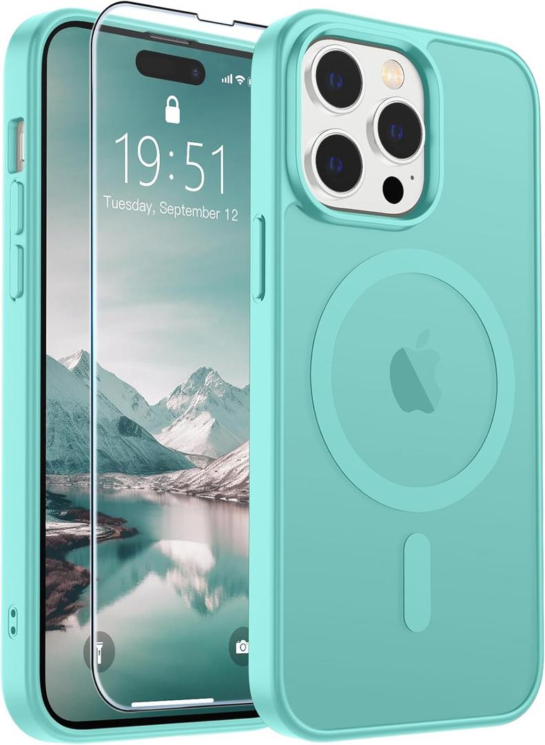 SUPFINE Magnetic for iPhone 14 Pro Case (Compatible with MagSafe) (Military Grade Drop Protection) Slim Translucent Matte with Anti-Fingerprint Phone Case,Blue Green