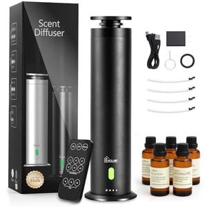 MQLMF Hotel Collection Diffuser Machine,Remote,Rechargeable,Included 5 Scent Oils,Whisper-Quiet,Aluminum,1500 Sq Ft,Waterless Diffuser - Black