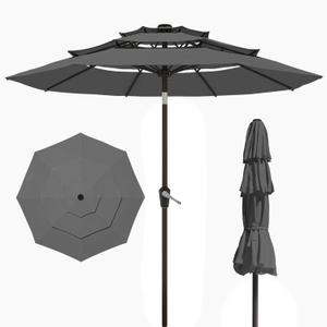 1 x 10FT Patio Umbrella 3 Tiers Outdoor Market Umbrella w/Push Button Tilt, Crank, UV and Waterproof Table Umbrella for Garden, Pool, Backyard, Deck, Lawn, Grey