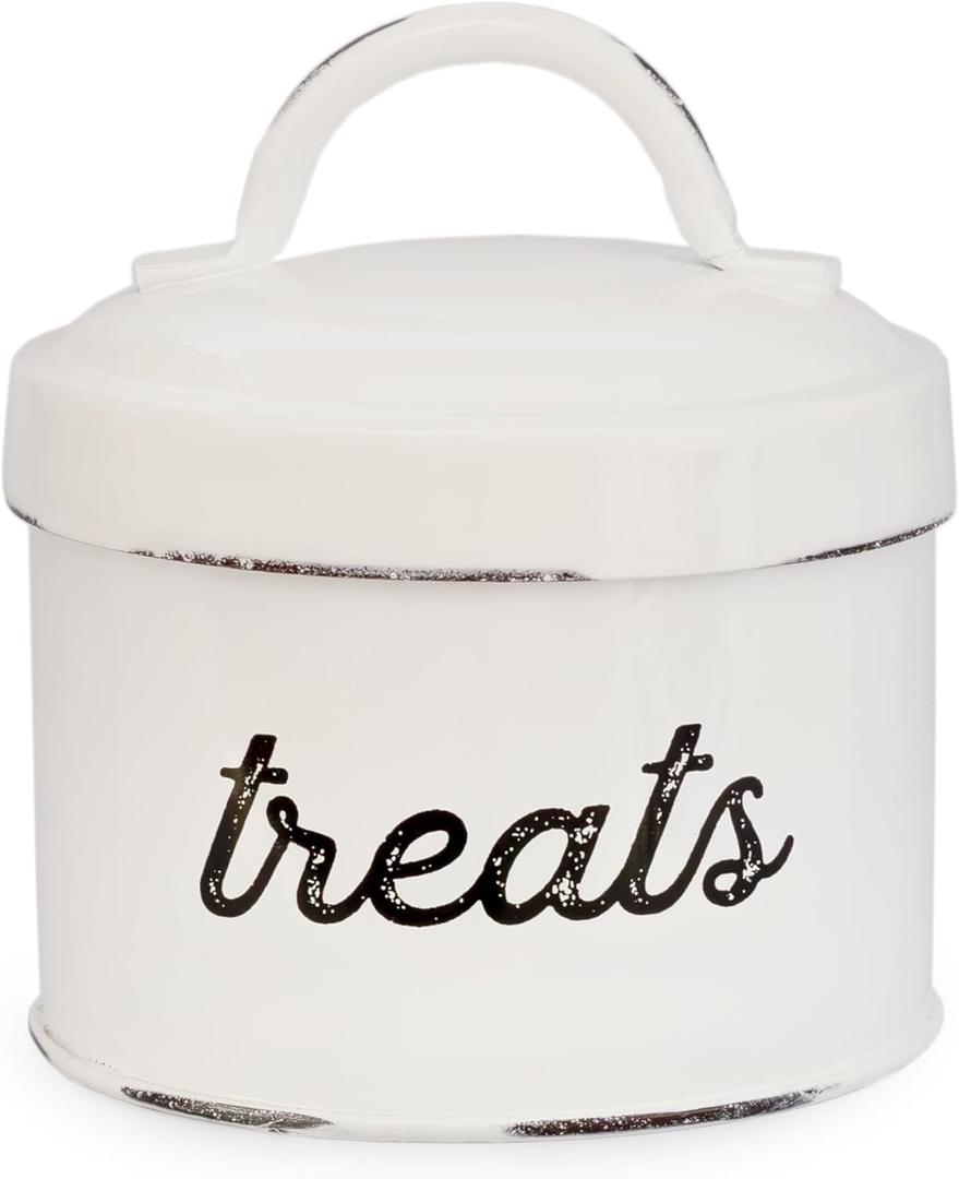 AuldHome Enamelware Cat Treat Container, Small White Rustic Pet Treats Jar